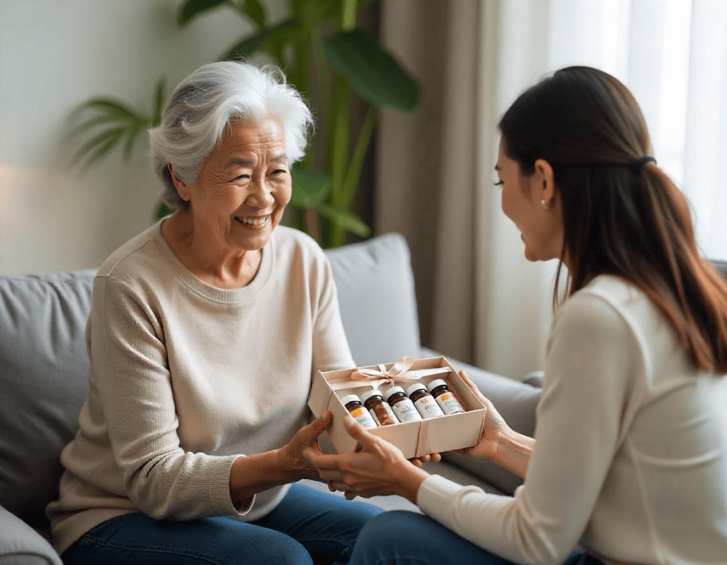 An elderly Thai woman is receiving a set of five bottles of dietary supplements in a transparent box tied with a bow from her daughter, sitting on a grey sofa in the living room of a minimalist home.